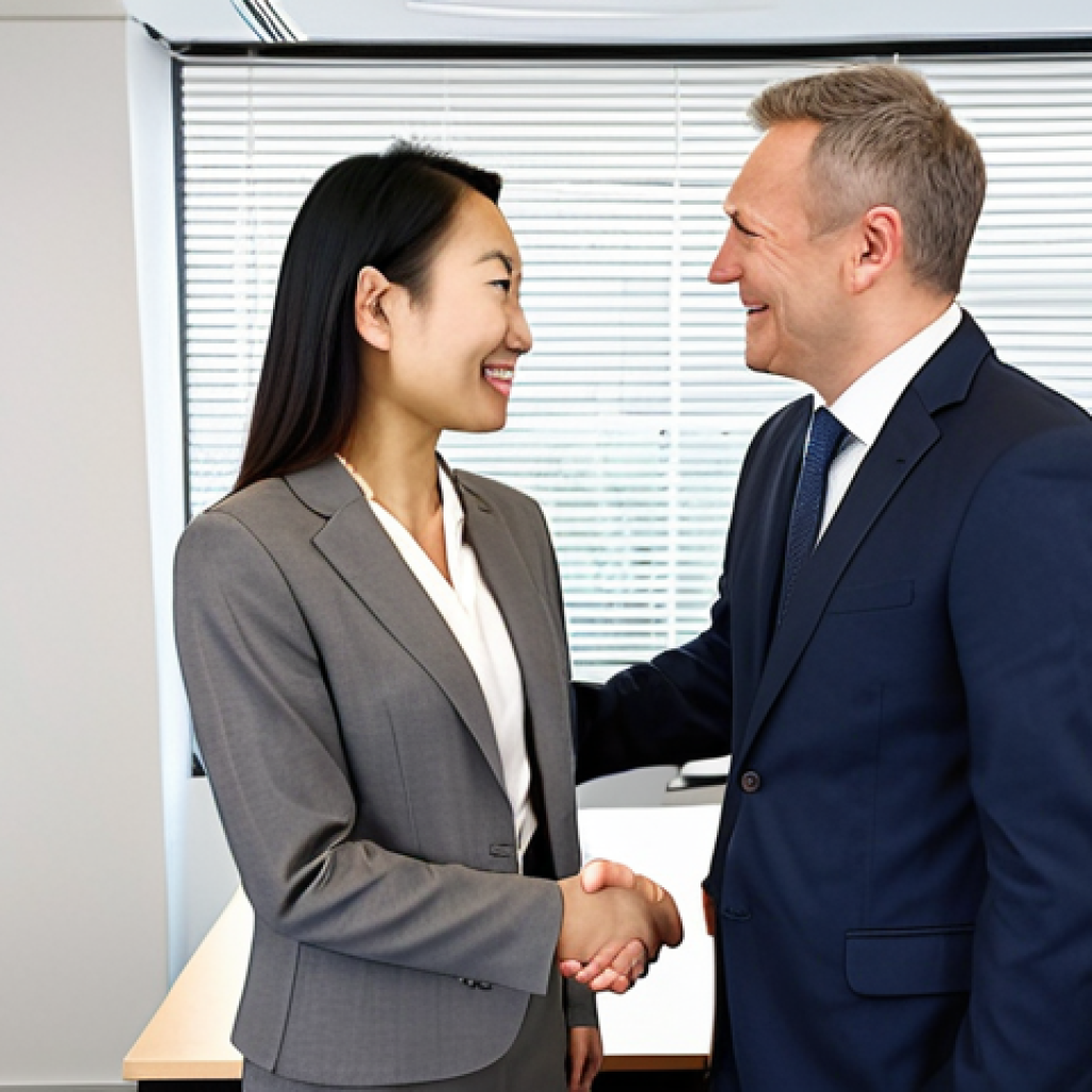 **

*   **Prompt:** A confident business professional, possibly in a modern office setting in Frankfurt, shaking hands with an international client (perhaps Asian or American). The scene is bright and professional, emphasizing successful collaboration and international business relations. Subtle elements like flags or maps in the background hint at global trade. Focus on the confident expression of the professional, indicating the boost from Trade English certification.

**