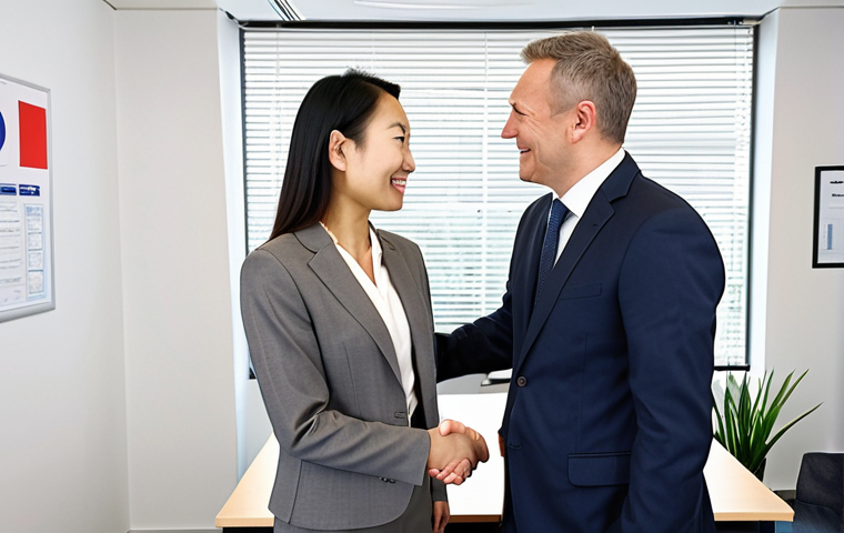 **
* **Prompt:** A confident business professional, possibly in a modern office setting in Frankfurt, shaking hands with an international client (perhaps Asian or American). The scene is bright and professional, emphasizing successful collaboration and international business relations. Subtle elements like flags or maps in the background hint at global trade. Focus on the confident expression of the professional, indicating the boost from Trade English certification.
**