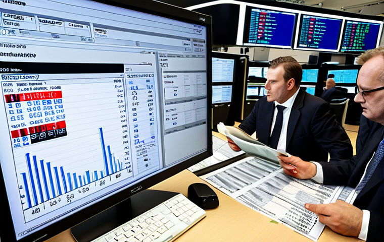 **
A bustling international trade floor in Frankfurt, Germany, focusing on currency exchange. Depict traders analyzing screens displaying EUR/USD fluctuations. In the foreground, a detailed view of a Letter of Credit document, highlighting key terms in German.
**