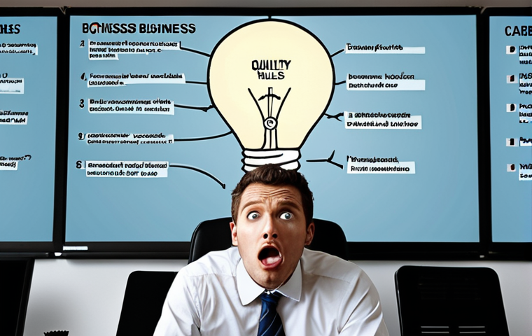 **Prompt:** A modern business professional looking frustrated at a screen displaying jumbled Business English terms, grammar rules, and 'false friends' causing confusion. In a transformative moment, a clear lightbulb illuminates above their head, symbolizing a sudden understanding and breakthrough. The scene conveys a shift from struggle to clarity in a sleek office or study environment.