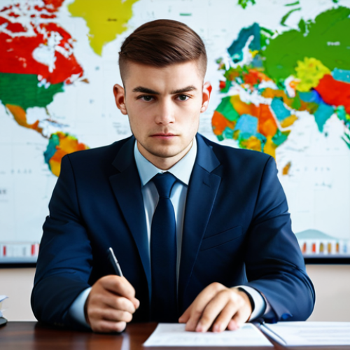 Home 24 A focused young professional, male, with short, neat hair, dressed in a modest business suit, sitting at a clean, modern office desk. The desk is arranged with stylized, blurred documents hinting at complex international trade terms and jargon, suggesting a challenging learning curve. A subtle, blurred world map is visible in the background, implying a global business context. The professional has a determined and concentrated expression, fully clothed, appropriate attire, professional dress, safe for work, appropriate content, perfect anatomy, correct proportions, well-formed hands, proper finger count, natural body proportions, natural pose, professional photography, high quality.
