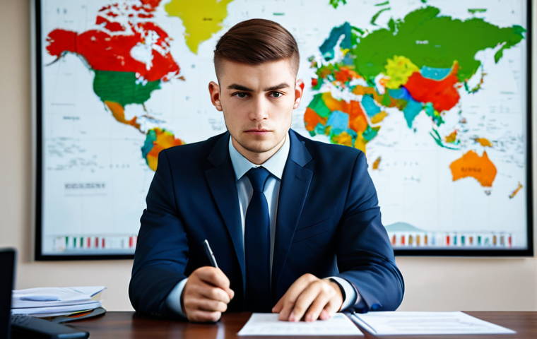 A focused young professional, male, with short, neat hair, dressed in a modest business suit, sitting at a clean, modern office desk. The desk is arranged with stylized, blurred documents hinting at complex international trade terms and jargon, suggesting a challenging learning curve. A subtle, blurred world map is visible in the background, implying a global business context. The professional has a determined and concentrated expression, fully clothed, appropriate attire, professional dress, safe for work, appropriate content, perfect anatomy, correct proportions, well-formed hands, proper finger count, natural body proportions, natural pose, professional photography, high quality.
