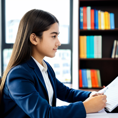 Home 23 A focused professional student, fully clothed in modest business casual attire, calmly reviewing notes at a well-organized desk in a modern, brightly lit study room. The student exhibits a confident and serene expression, symbolizing mental preparedness for an important business English exam. The background shows blurred bookshelves and a subtle cityscape through a window. Perfect anatomy, correct proportions, natural pose, well-formed hands, proper finger count, natural body proportions, professional photography, high quality, safe for work, appropriate content, family-friendly.