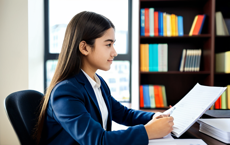 A focused professional student, fully clothed in modest business casual attire, calmly reviewing notes at a well-organized desk in a modern, brightly lit study room. The student exhibits a confident and serene expression, symbolizing mental preparedness for an important business English exam. The background shows blurred bookshelves and a subtle cityscape through a window. Perfect anatomy, correct proportions, natural pose, well-formed hands, proper finger count, natural body proportions, professional photography, high quality, safe for work, appropriate content, family-friendly.