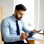 A focused male professional, in his 30s, dressed in a smart business casual outfit, including a neatly pressed collared shirt and tailored trousers. He is seated comfortably at a modern desk, intently looking at a tablet that displays an AI-powered language learning application with charts and progress indicators for Business English. His other hand rests calmly on a notebook with neatly written notes. The background is a bright, minimalist home office with natural light, featuring a potted plant and a bookshelf filled with professional development books. The scene is captured with soft, professional lighting, conveying focus and a calm learning environment. high-resolution, professional photography, realistic rendering, natural lighting, perfect anatomy, correct proportions, natural pose, well-formed hands, proper finger count, natural body proportions, fully clothed, modest clothing, appropriate attire, professional dress, safe for work, appropriate content, family-friendly.