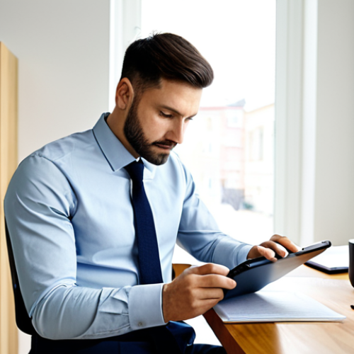 Home 22 A focused male professional, in his 30s, dressed in a smart business casual outfit, including a neatly pressed collared shirt and tailored trousers. He is seated comfortably at a modern desk, intently looking at a tablet that displays an AI-powered language learning application with charts and progress indicators for Business English. His other hand rests calmly on a notebook with neatly written notes. The background is a bright, minimalist home office with natural light, featuring a potted plant and a bookshelf filled with professional development books. The scene is captured with soft, professional lighting, conveying focus and a calm learning environment. high-resolution, professional photography, realistic rendering, natural lighting, perfect anatomy, correct proportions, natural pose, well-formed hands, proper finger count, natural body proportions, fully clothed, modest clothing, appropriate attire, professional dress, safe for work, appropriate content, family-friendly.