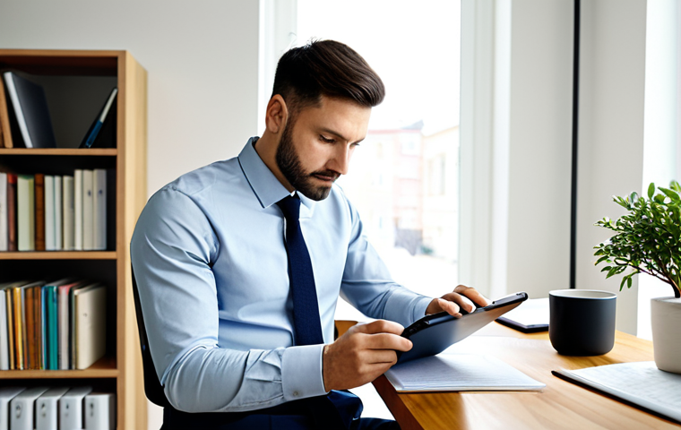 A focused male professional, in his 30s, dressed in a smart business casual outfit, including a neatly pressed collared shirt and tailored trousers. He is seated comfortably at a modern desk, intently looking at a tablet that displays an AI-powered language learning application with charts and progress indicators for Business English. His other hand rests calmly on a notebook with neatly written notes. The background is a bright, minimalist home office with natural light, featuring a potted plant and a bookshelf filled with professional development books. The scene is captured with soft, professional lighting, conveying focus and a calm learning environment. high-resolution, professional photography, realistic rendering, natural lighting, perfect anatomy, correct proportions, natural pose, well-formed hands, proper finger count, natural body proportions, fully clothed, modest clothing, appropriate attire, professional dress, safe for work, appropriate content, family-friendly.