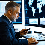 A professional male business executive, fully clothed in a modest, dark business suit, intently reviewing complex shipping manifests and digital supply chain data on multiple screens in a state-of-the-art global logistics control center. His well-formed hands are resting on a desk where a tablet displays an unusual, specific international customs regulation. The background shows blurred maps and real-time cargo tracking displays, emphasizing the intricate nature of global trade. The lighting is bright and professional, highlighting his focused expression as he tackles an unforeseen challenge. high-resolution, perfect anatomy, correct proportions, natural pose, proper finger count, natural body proportions, safe for work, appropriate content, professional, family-friendly.
