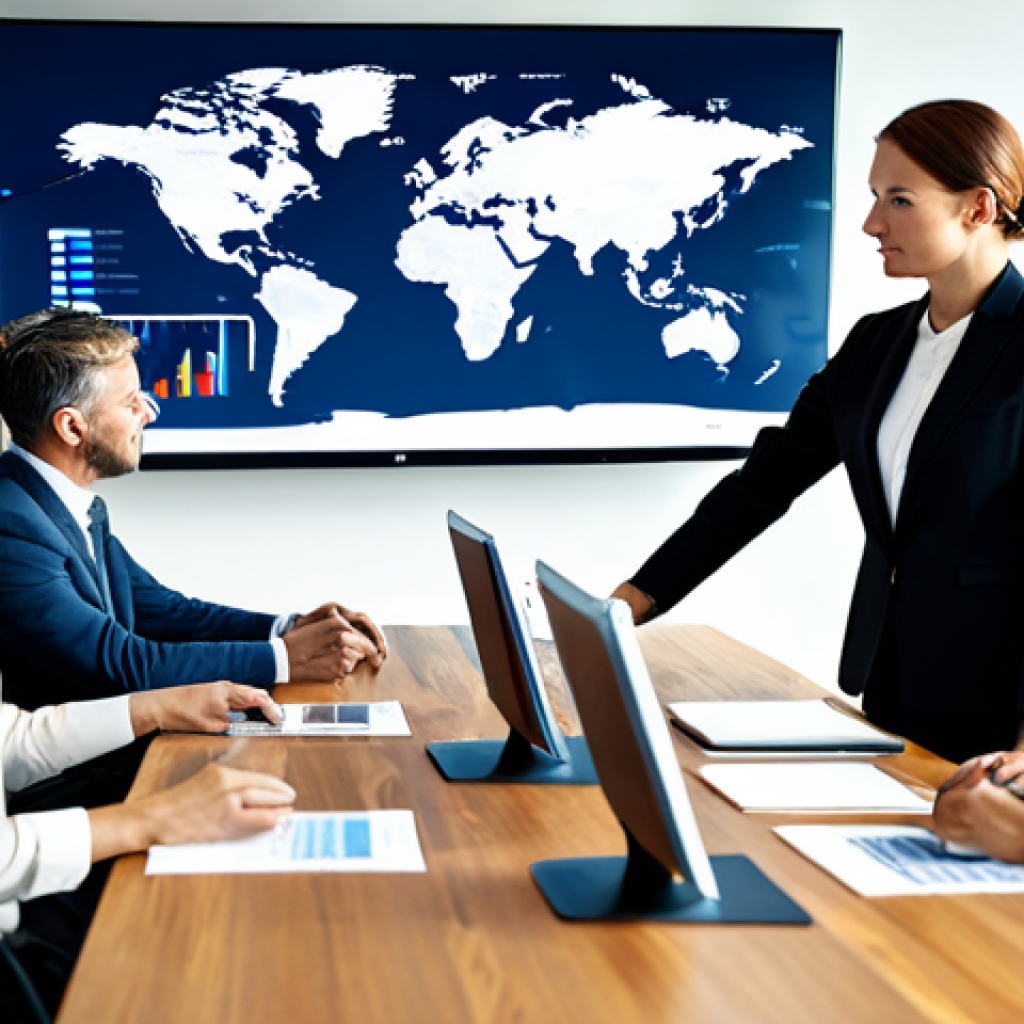 A diverse group of professional business individuals, fully clothed in modest business attire, engaged in a focused discussion around a sleek conference table in a modern, sunlit global office. Integrated digital screens on the table display subtle data visualizations and a stylized world map, symbolizing global trade and interconnectedness. The atmosphere is collaborative and professional, emphasizing clear communication and strategic planning. The individuals exhibit perfect anatomy, correct proportions, and natural poses, with well-formed hands and proper finger count. Professional photography, high quality, safe for work, appropriate content, family-friendly.