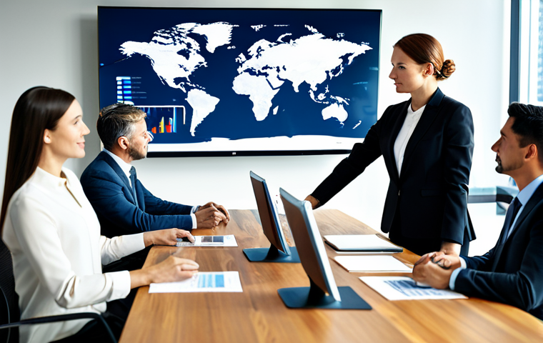 A diverse group of professional business individuals, fully clothed in modest business attire, engaged in a focused discussion around a sleek conference table in a modern, sunlit global office. Integrated digital screens on the table display subtle data visualizations and a stylized world map, symbolizing global trade and interconnectedness. The atmosphere is collaborative and professional, emphasizing clear communication and strategic planning. The individuals exhibit perfect anatomy, correct proportions, and natural poses, with well-formed hands and proper finger count. Professional photography, high quality, safe for work, appropriate content, family-friendly.