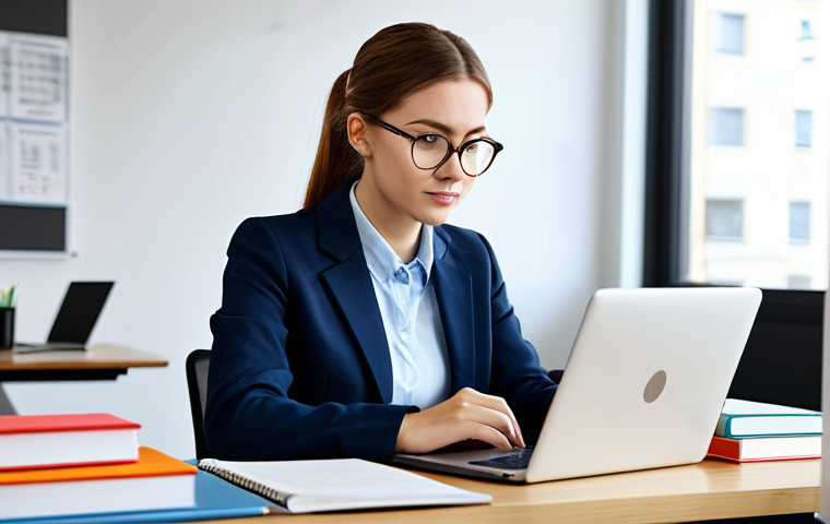 Focused Learning Environment**

"A young professional woman studying Trade English in a bright, modern co-working space, fully clothed in business casual attire, surrounded by textbooks and a laptop displaying an online language learning platform.  Emphasis on concentration and a positive learning attitude.  Safe for work, appropriate content, professional, educational setting, perfect anatomy, well-formed hands, natural pose, high resolution."

**