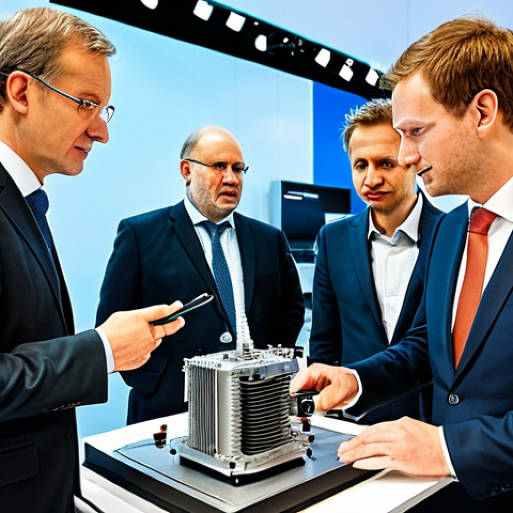 **

"A bustling scene at the Hannover Messe, showcasing innovative German engineering.  Engineers and business professionals are deep in discussion, examining a complex machine part. Modern design, clean lines, bright lighting, emphasizing precision and efficiency.  High-resolution, professional photography style, showcasing German industrial excellence, appropriate content."

**