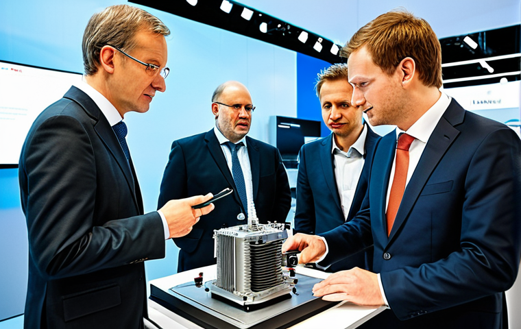 **

"A bustling scene at the Hannover Messe, showcasing innovative German engineering.  Engineers and business professionals are deep in discussion, examining a complex machine part. Modern design, clean lines, bright lighting, emphasizing precision and efficiency.  High-resolution, professional photography style, showcasing German industrial excellence, appropriate content."

**