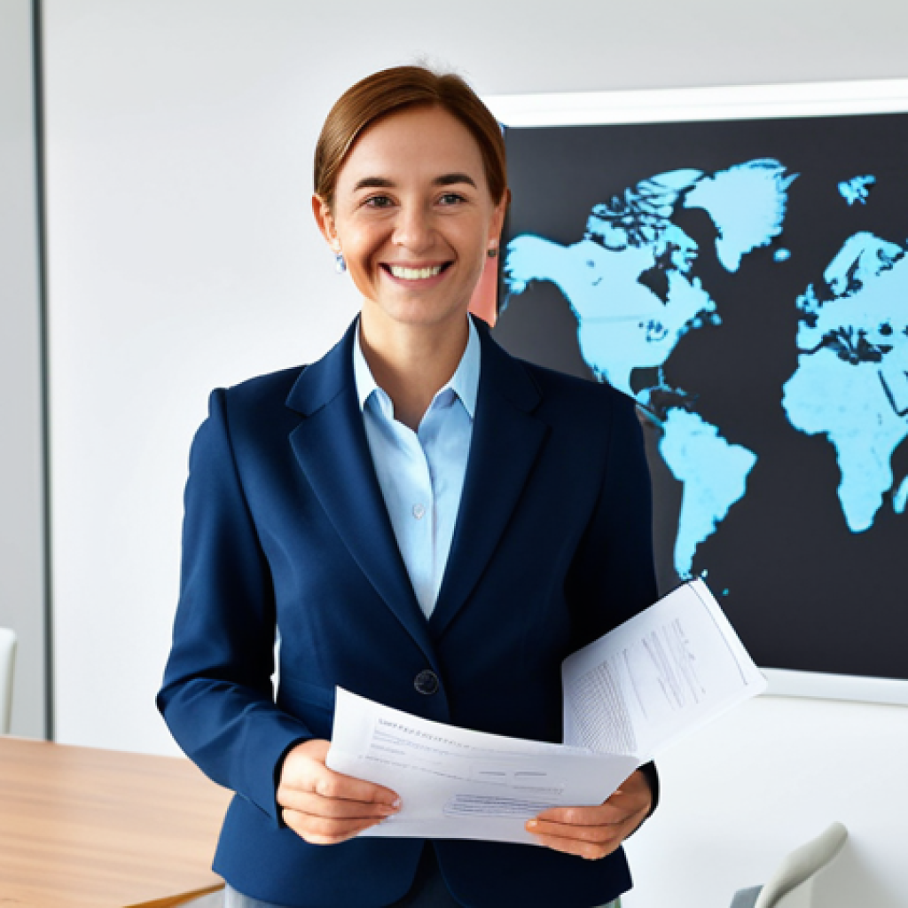 Business English Certification Success**

A confident professional, smartly dressed in appropriate business attire (fully clothed), smiles while holding a BEC certificate in a modern, bright office setting.  The certificate is clearly visible but not overly emphasized.  Subtle background elements suggest international collaboration (e.g., a world map, a conference call on a screen).  Perfect anatomy, correct proportions, well-formed hands, natural pose, professional, appropriate content, safe for work, family-friendly.

**