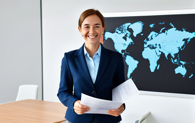 Business English Certification Success**

A confident professional, smartly dressed in appropriate business attire (fully clothed), smiles while holding a BEC certificate in a modern, bright office setting.  The certificate is clearly visible but not overly emphasized.  Subtle background elements suggest international collaboration (e.g., a world map, a conference call on a screen).  Perfect anatomy, correct proportions, well-formed hands, natural pose, professional, appropriate content, safe for work, family-friendly.

**