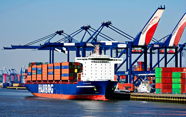 무역영어를 통한 전문 지식 개발 - Modern Logistics Hub in Hamburg**

"A bustling scene at the Port of Hamburg, Germany. Focus on moder...