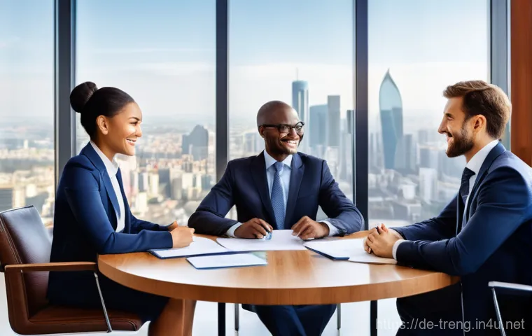 무역영어 자격증 취득 후의 업무 활용 사례 - **Prompt 1: Confident International Negotiation**
    "A group of diverse business professionals, ag...