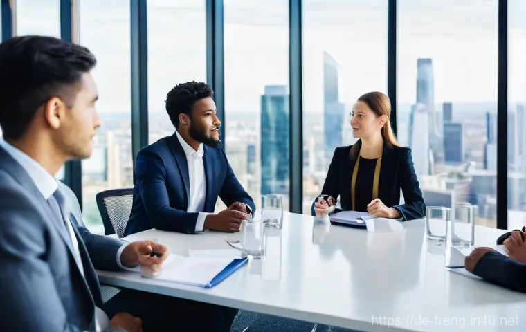 무역영어 자격증의 글로벌 취업 가능성 - **Prompt:** A dynamic, high-angle wide shot of a diverse group of 6-8 professionals, comprising men ...