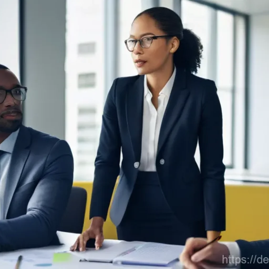 무역영어 실기시험에서 고득점을 위한 전략 - **Prompt:** A dynamic and diverse team of five business professionals, dressed in smart business cas...