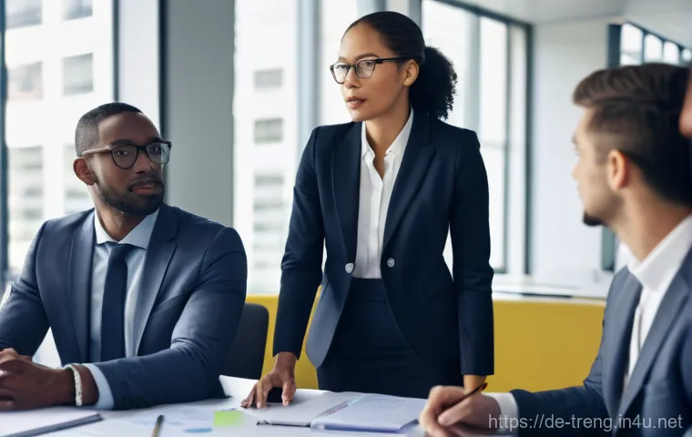 무역영어 실기시험에서 고득점을 위한 전략 - **Prompt:** A dynamic and diverse team of five business professionals, dressed in smart business cas...