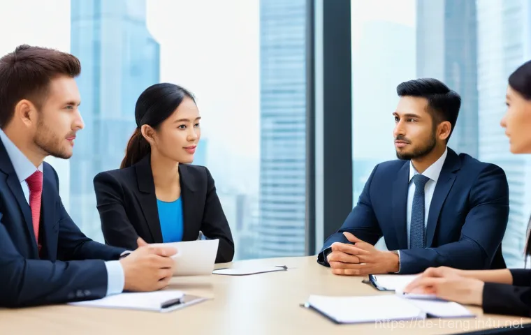 무역영어와 외국인 무역 파트너십 - **Prompt:** A diverse group of four business professionals from different cultural backgrounds (e.g....