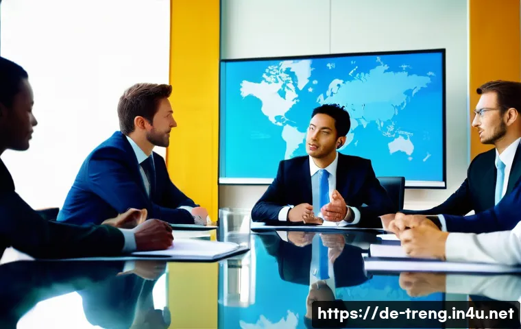 무역영어 학습을 통한 커리어 업그레이드 - **Image Prompt 1: Global Business Meeting - Professional Communication**
    "A vibrant, wide-angle ...