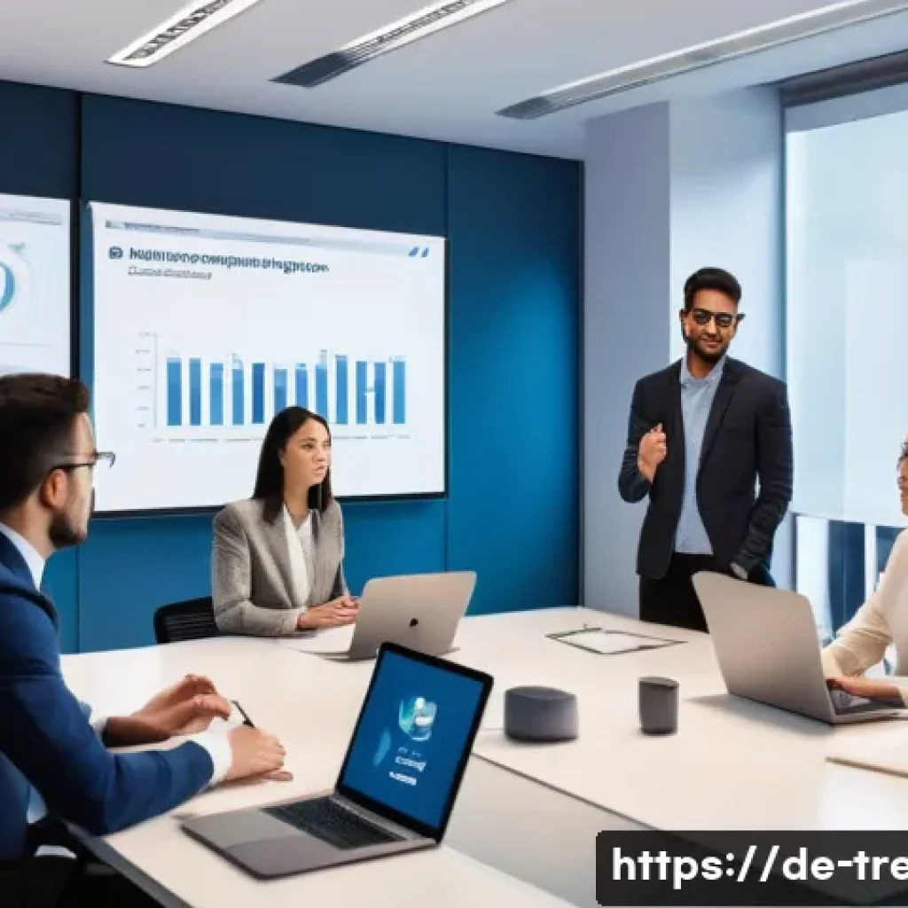 무역영어 학습에서 필요한 자료 준비 - A modern office setting with a diverse group of young professionals engaged in a business English le...