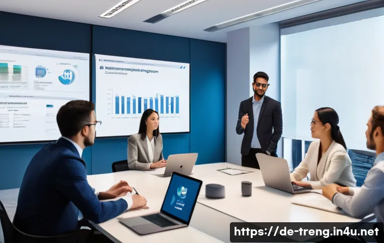 무역영어 학습에서 필요한 자료 준비 - A modern office setting with a diverse group of young professionals engaged in a business English le...