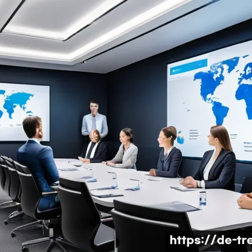 무역영어 자격증과 업무 효율성 향상 - A modern international business meeting room with diverse professionals in smart business attire, in...