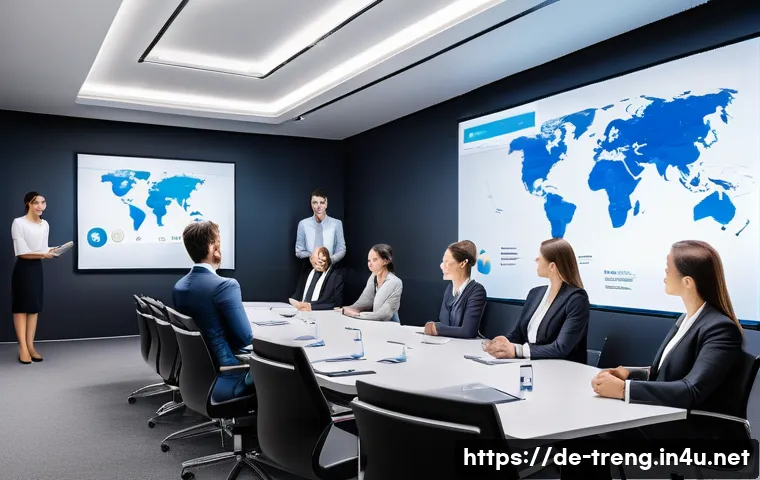 무역영어 자격증과 업무 효율성 향상 - A modern international business meeting room with diverse professionals in smart business attire, in...
