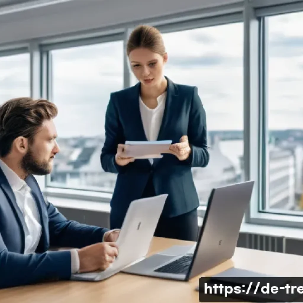 무역영어 실기시험 대비에서 중요한 포인트 - A professional business training scene set in a modern office environment in Germany, featuring two ...