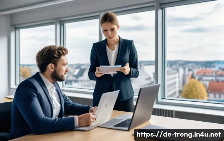 무역영어 실기시험 대비에서 중요한 포인트 - A professional business training scene set in a modern office environment in Germany, featuring two ...