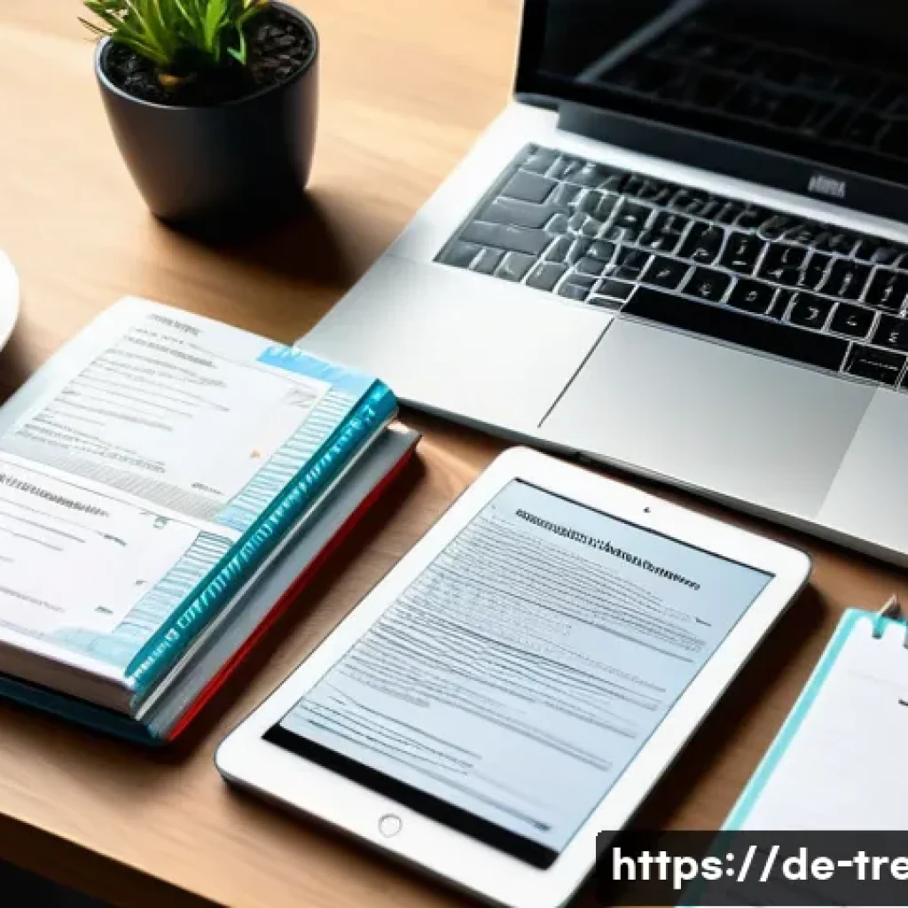 무역영어 필기시험 대비 자료 활용 사례 - A modern study desk scene featuring a young adult German student preparing for a business English ex...