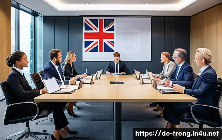 무역영어 자격증의 국제 무역에서의 활용 - A professional international business meeting scene in a modern conference room in London, featuring...