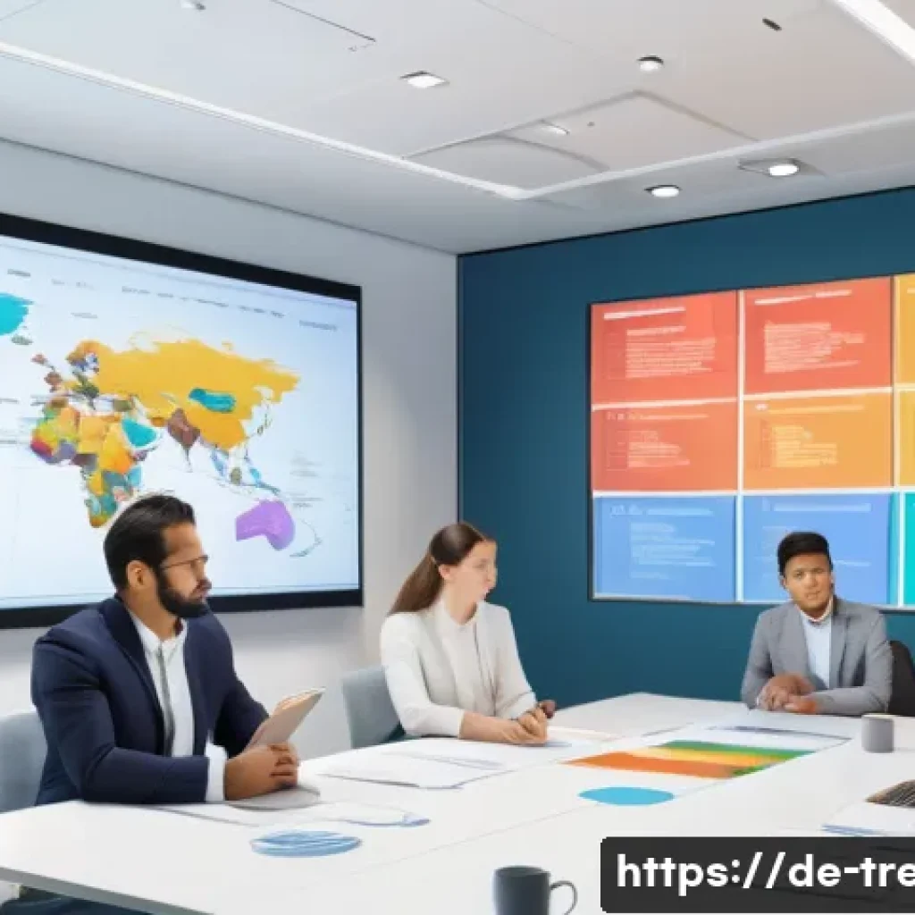 무역영어 실기시험 대비 주요 학습 자료 - A modern office scene showing a diverse group of international business professionals engaged in a t...