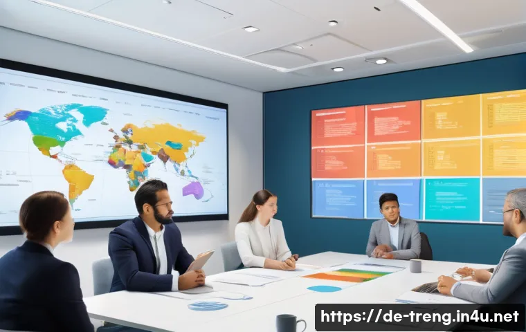 무역영어 실기시험 대비 주요 학습 자료 - A modern office scene showing a diverse group of international business professionals engaged in a t...