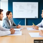 무역영어 필기시험의 필수 학습 영역 - A professional international business meeting scene in a modern office, showing diverse German and E...