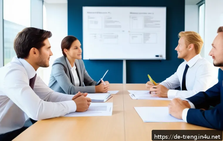 무역영어 필기시험의 필수 학습 영역 - A professional international business meeting scene in a modern office, showing diverse German and E...