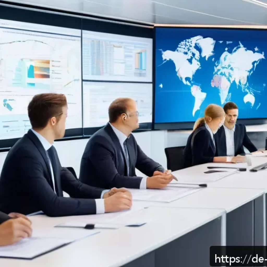 무역영어 실무 사례 - A modern office setting showing a diverse team of German business professionals analyzing internatio...