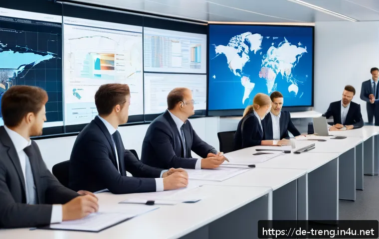 무역영어 실무 사례 - A modern office setting showing a diverse team of German business professionals analyzing internatio...