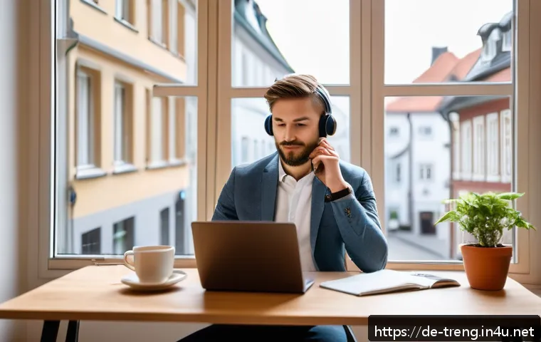 무역영어 학습에서 중요한 동기 유발 방법 - A modern home office scene in Germany during morning hours, featuring a young professional casually ...
