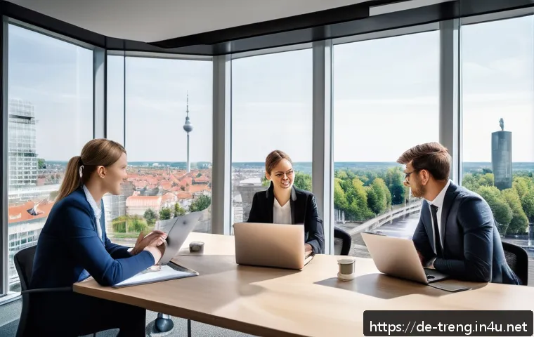 무역영어 시험 준비와 자격증의 장기적 효과 - A modern office scene in Germany showing a diverse group of young professionals engaged in a role-pl...