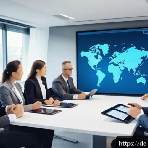 Home 33 무역영어 자격증으로 글로벌 진출 준비 - A professional international trade meeting scene set in a modern German office, showing diverse busi...