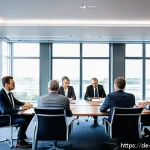 Home 20 무역영어 시험 대비로 얻는 추가적 전문성 - A professional office scene in Germany showing a diverse group of businesspeople sitting around a co...