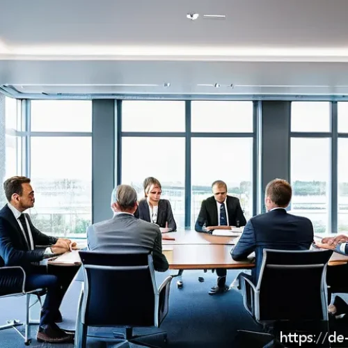 Home 32 무역영어 시험 대비로 얻는 추가적 전문성 - A professional office scene in Germany showing a diverse group of businesspeople sitting around a co...