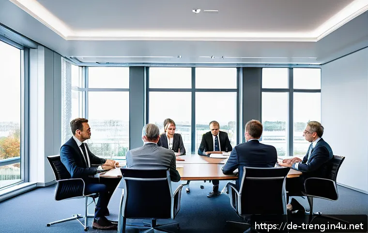 무역영어 시험 대비로 얻는 추가적 전문성 - A professional office scene in Germany showing a diverse group of businesspeople sitting around a co...