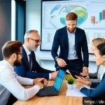 Home 18 무역영어 자격증의 글로벌 취업 활용 사례 - A professional office scene showing a diverse group of international businesspeople collaborating ar...