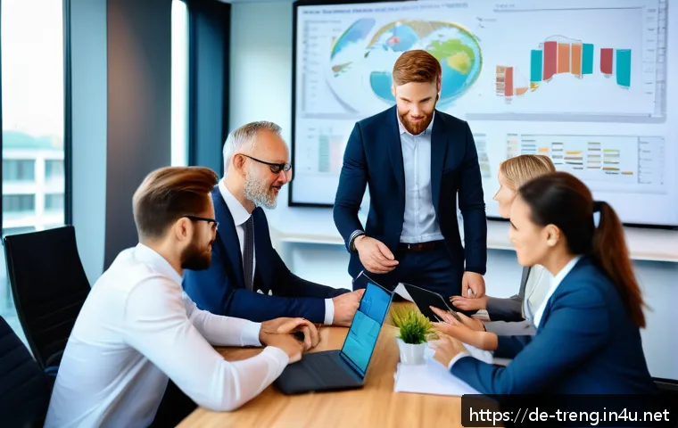 무역영어 자격증의 글로벌 취업 활용 사례 - A professional office scene showing a diverse group of international businesspeople collaborating ar...