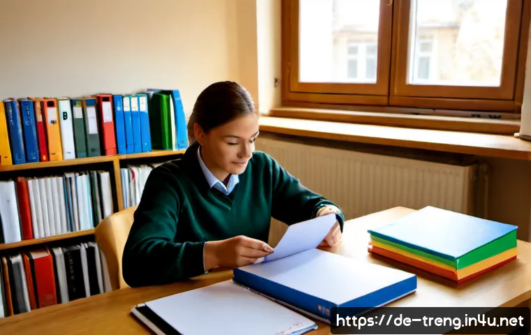 무역영어 필기시험 대비 자료 정리 방법 - Photorealistic study desk in a bright German apartment, an adult learner organizing international tr...