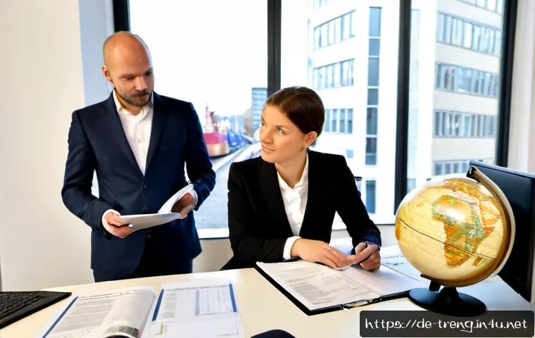 무역영어 자격증과 통번역 자격증 비교 - Photorealistic split-scene comparison of two German professionals in a bright modern Hamburg office:...